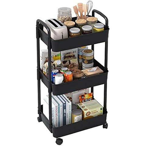 Sywhitta 3-tier Trolley on Wheels, Kitchen Storage Utility Cart, Rolling Storage Rack for Bedroom, Bathroom, Office, Black Cover