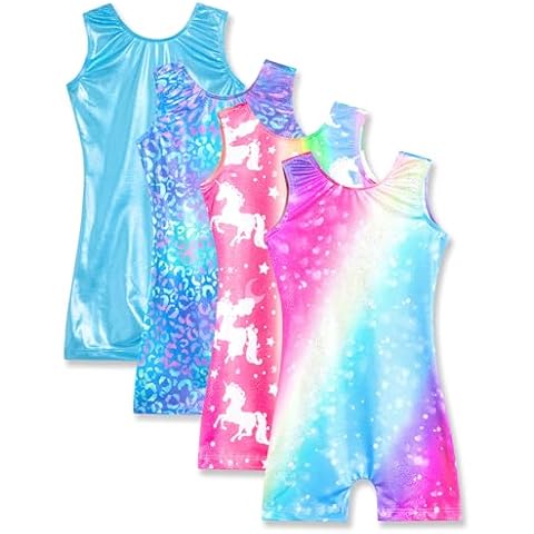 Nymphperi 4 Packs Gymnastics Leotard for Girls Size 4t 5t Sparkle Biketards with Shorts Kids Sleeveless Unitard One-Piece Dancewear Cover
