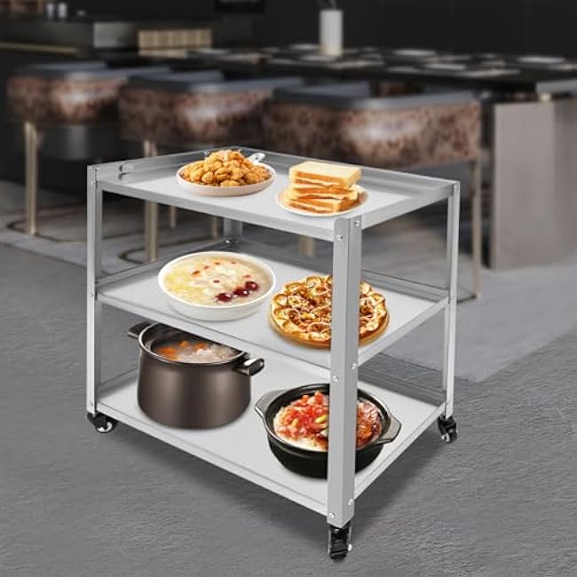 Stainless Steel Table with Wheels, 3-Tier Rolling Cart, Stainless Steel Kitchen Trolley Cart | 300lbs Load Capacity | 4 Universal Wheels | Silver | 31X16X34in-ITUbh1Mh