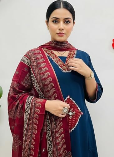 Image of BHARVITA Women's Rayon Handwork Embroidered and Printed Straight Kurta with Pant And Dupatta Sets