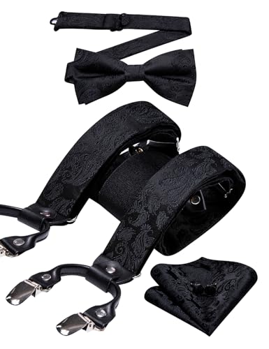 Image of YOHOWA Men Suspenders 6 Clips Strength Adjustable Y Braces Pre-Tied Bow Tie Set Formal Wedding Party