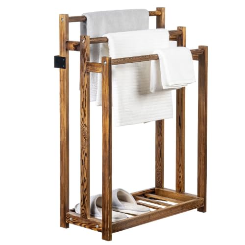 MyGift Free Standing Towel Rack, Wooden 3-Tier Quilt Rack, Bath Towel Drying Stand, Blanket Holder with Bottom Storage Shelf, for Bathroom, Living Room, Rustic Dark Brown