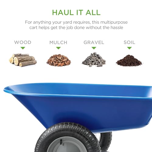 Best Choice Products Dual-Wheel Home Utility Yard Wheelbarrow Garden Cart w/Built-in Stand for Lawn, Gardening, Construction - Blue - Image 2