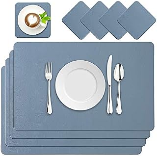 BaoWnylz Placemats PU Leather Place Mats Blue Set of 4 Washable Waterproof Table Mats 45x30cm and Leather Coasters, Suitable for Kitchen Tables Restaurants and Hotels