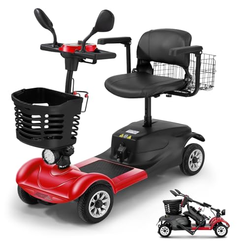 Koorlian Heavy-Duty 4-Wheel Mobility Scooter for Adults & Seniors - Foldable Compact Travel Scooter with Long-Lasting Battery, LED Lights, Removable Basket - Portable Design (Red)