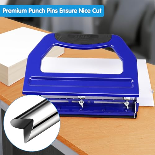 Image of AFMAT 3 Hole Punch Heavy Duty, 9 /32 inch Holes, 50-Sheet Hole Puncher 3 Ring, 50% Reduced Effort, Adjustable Two & Three Hole Punch, Metal Paper Puncher w /Large Chip Tray, Metal Paper Guide, Blue, HP18