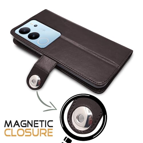Image of Pikkme Vivo V29 / V29 Pro 5G Flip Cover Leather Finish | Inside TPU with Card Pockets | Wallet Stand and Shock Proof | Complete Protection Button Flip Case (Coffee)