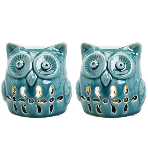 Mygift Teal Ceramic Tealight Candle Holder With Openwork Owl Shaped Design, Set Of 2 #TOP5