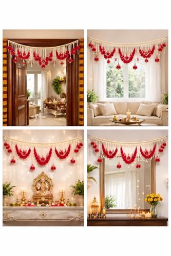 Image of Luxury Red Floral Pearl Toran 3 Feet | Handcrafted Traditional Bandhanwar for Door & Mandir | Festive Indian Home Decoration