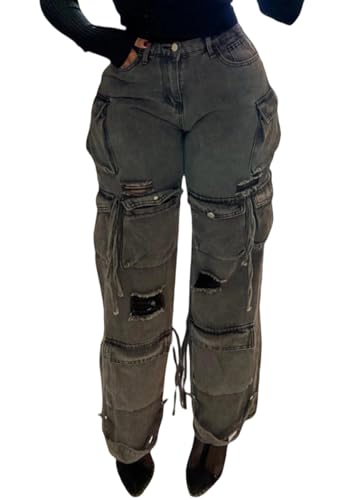 Baggy Jeans for Women Cargo Pants Y2K High Rise Ripped Flap