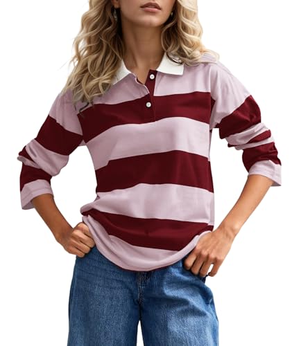 El Mejor Listado de Ferrioni Ropa Mujer del mes. 45 Calbatic - Polo de rugby a rayas para mujer, manga larga, cuello de solapa, bloque de color, casual, suelto, sin botones, Rojo rosa, Large