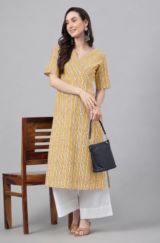 Image of Janasya Women's Mustard Pure Cotton Striped Printed Straight Kurta