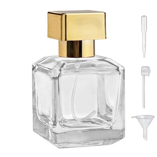 50ml/1.7 Oz Glass Spray Bottle Perfume Atomizer,Glass Perfume Square Refillable Spray Bottle Empty with 3 Kinds of Dispenser (Clear)