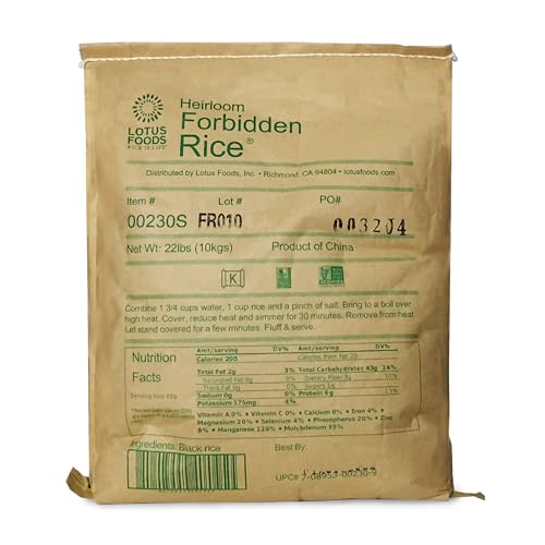 Lotus Foods Bulk Heirloom Forbidden Rice - Black Rice, Purple Rice, Black Rice Bulk, Gluten Free Heirloom Rice, Whole Grain, Non GMO, Vegan - 22 Lb Bag (Pack of 1)
