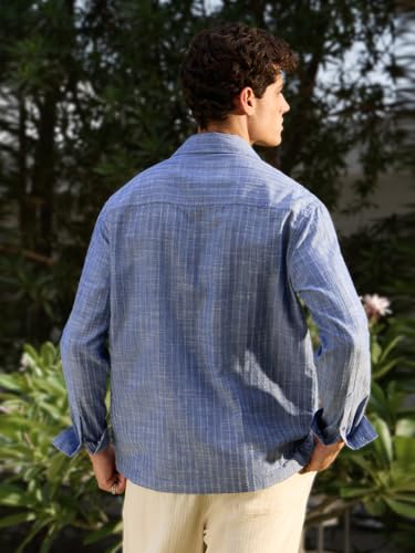 Image of The Souled Store Textured Shirt: Blue Haze Men and Boys Long Sleeve Spread Collar Blue Solid Textured Lightweight Easy to Style Everyday Office Wear Cotton Relaxed Shirt
