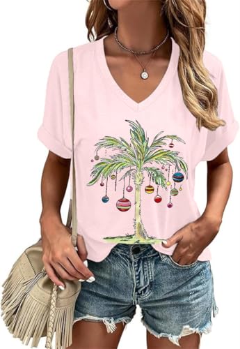 Christmas in July Shirt for Women Summer Christmas T-Shirt Short Sleeve V Neck Xmas Hawaiian Tee Tops, Light Pink, M