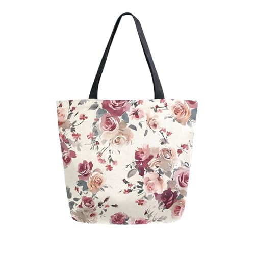Extra Large Shoulder Tote Bag for Beach Travel Weekender Gym Vintage Roses Pattern Pink Beige Reusable Grocery Canvas Shopping Bag