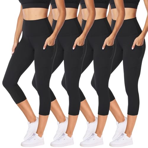 Image of NexiEpoch 4 Pack Leggings for Women with Pockets- High Waisted Tummy Control for Workout Running Capri Yoga Pants