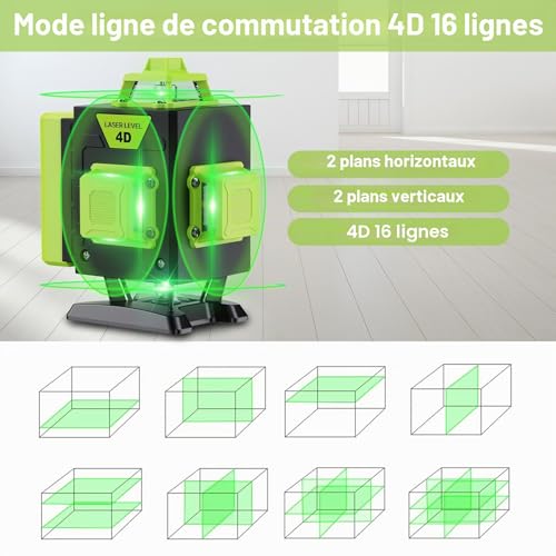 Niveau Laser Chantier Autonivelant 360° x 4, Lazer Niveaux 4D 16 Lignes Laser, Mode Impulsion ExtéRieur, 2 x Batterie, Nivellement Automatique, Support Rotatif, Télécommande(Avec trépied) – vue 2