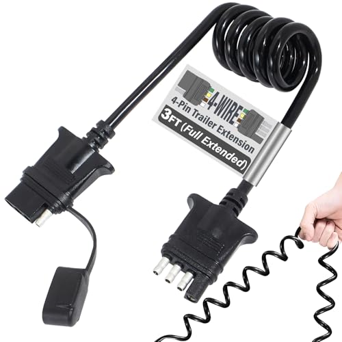 MECMO 3ft 4-Pin Flat Trailer Extension Coiled Cable 4 Pin Male and Female Wiring Harness Adapter Trailer Wire Extension 4-Way Vehicle-Side and Trailer-Side 4 Prong Connector Extender Cord 3 Feet 36