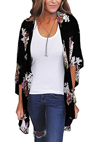 Black Summer Tops Cardigan for Women Casual Loose Flower Print Sexy Beach Bikini Cover Up Size M