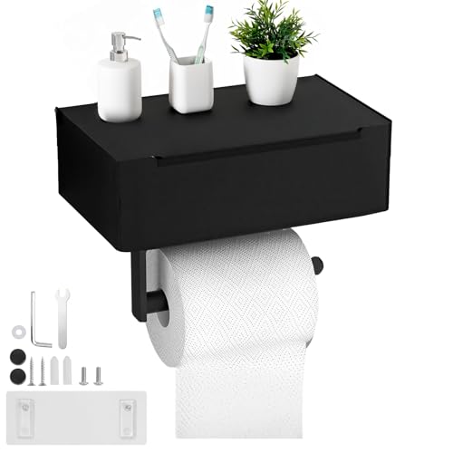 TIANLIN Porta Carta Igienica a Parete senza Fori con Vanetto per Salviettine Umidificate, 2-in-1 in Acciaio Inossidabile Nero Opaco – Fissaggio con Adesivo o Viti – Salvaspazio per Bagno, Cucina, WC
