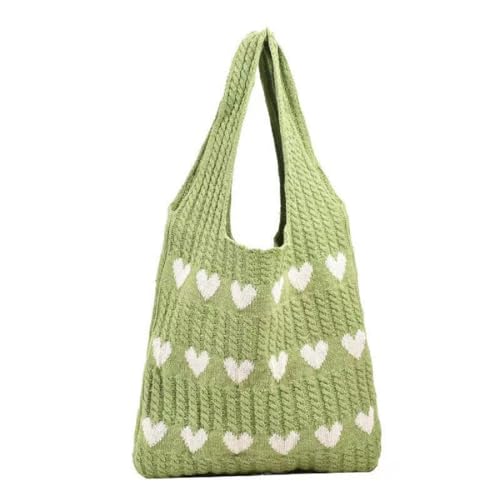 Bolsa feminina de crochê com estampa de coração estético, bolsa fofa de malha, bolsa de praia para férias de verão, Verde, Large