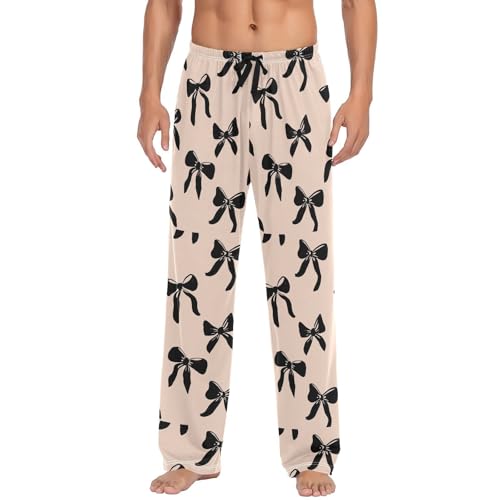 Men’s Black Bow Pajama Pants with Pockets, Comfortable Lounge Sleep Bottoms#263