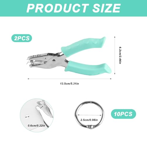 2 Pcs Single Hole Punch for Crafts, 6mm Hole Puncher for Paper Punchers, Small Metal Handheld Hole Punch, Gift Tag Punches for Crafting DIY Scrapbooking Cards Notebooks Invoices, with 10 Rings