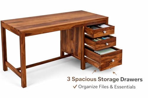 Image of Solid Sheesham Wood Study Table /Office Desk with 3 Drawers - 53 Inch Wooden Computer Table for Home Office & Students (Honey Finish)