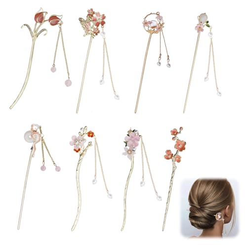 8 Pcs Chinese Hair Sticks Set Gold White Japanese Hair Stick with Pearl Butterfly Flower Design Metal Hairpins for Women Traditional Asian Hair Accessories for Bun Updo (Pink)