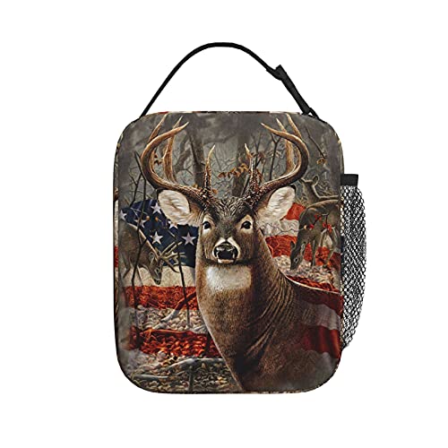 Retro Deer American Flag Lunch Box Insulated Lunch Bags Zipper Lunch Bag Cooler Tote Bag for Teens Girls Boys Men Women Office Picnic