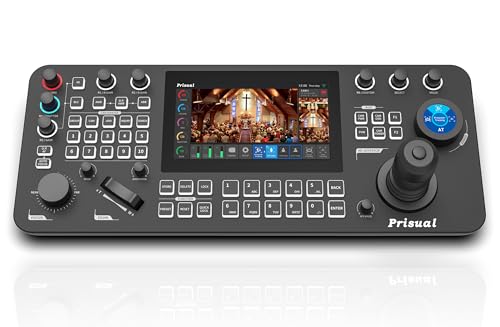 Prisual Pro Ai Joy Broadcast-Grade PTZ Camera Controller 7 HD Color Touchscreen 4-Channel Monitor AI Visual Knob Tally PoE HDMI 254 Camera Control for Church Live Streaming Education Studio