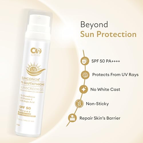 Image of CO LUXURY 1% Glutathione & Kojic Acid Sunscreen Gel | SPF 50 PA++++ | Quick Absorbing, No White Cast, Lightweight Sun Protection for All Skin Types | 50g (2)