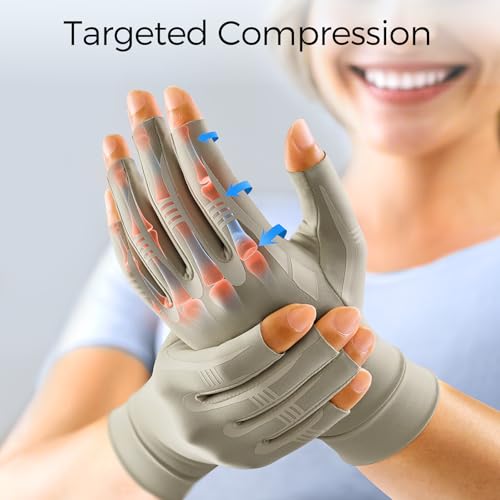 Image of FREETOO All-Around Compression Arthritis Gloves for Women for Pain, Carpal Tunnel Relief Gloves for Men, Hand Compression Gloves for Crocheting, Rheumatoid Arthritis. Taupe XS
