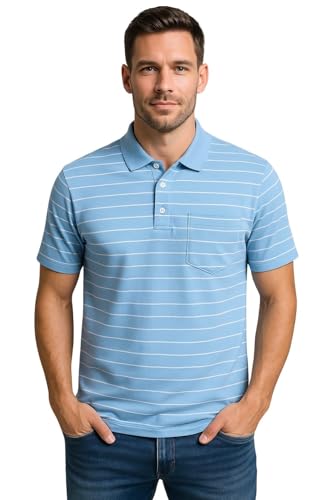 Image of WILD ELEPHANT Men Striped Polo T-Shirt | Cotton Short Sleeve Polo Neck with Button | Chest Pocket Casual Wear