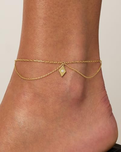 Image of PAVOI 14K Gold Plated Anklet for Women - Trendy Link Chain Ankle Bracelet Summer Jewelry - Boho Dainty Anklets with Cubic Zirconia, Beaded, Evil Eye, Star, Station, Pearls Adjustable Gold Jewelry