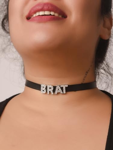 Sacina Gothic Punk Cute Brat Letter Choker, Black Choker, Black PU Leather Chocker Collar, Gothic Goth Necklace, Halloween Jewelry Gift for Women3