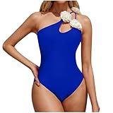 Women's Cut Out One Piece Swimsuit 3D Floral One Shoulder Tummy Control Bathing Suits Vacation Beach Casual Swimwear Blue