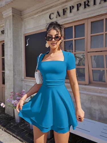 Image of XXTAXN Women's Sexy Square Neck Short Sleeve Ruched Tiered Ruffle Hem Flowy Club Party Mini Dress