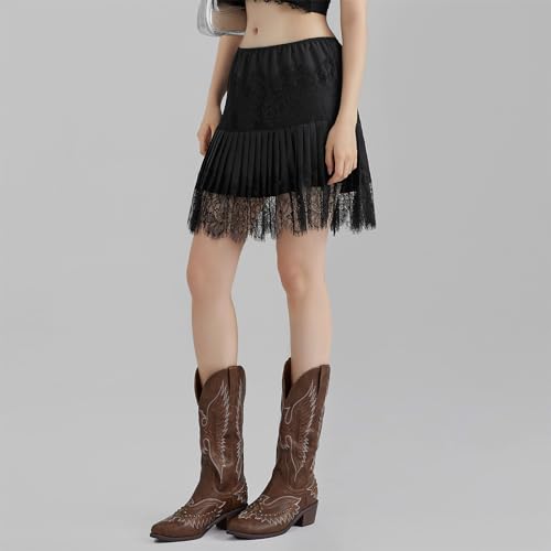 Women Lace Trim Slip Skirt Y2K Pleated Ruffle Mini Skirt Summer Floral Lace Tiered Short Skirts Underskirt4