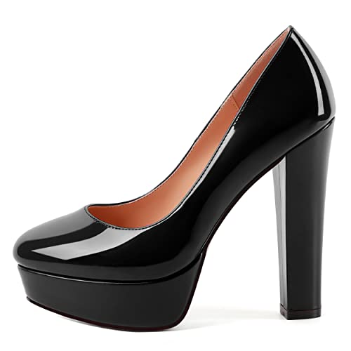 WAYDERNS Womens Round Toe Slip On Casual Platform Wedding Patent Block High Heel Pumps Shoes 5 Inch2