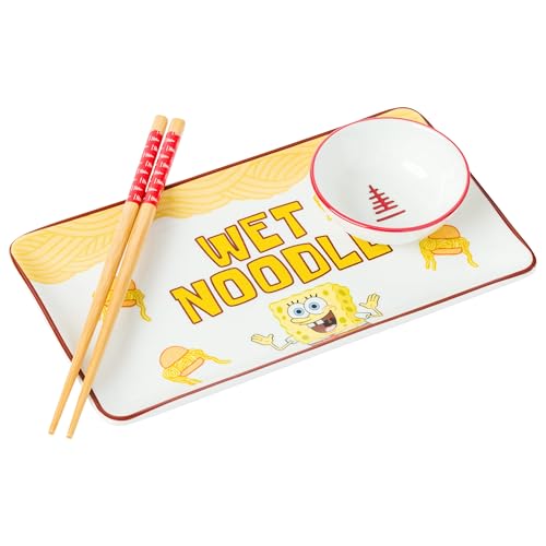 Image of Silver Buffalo Spongebob Squarepants Wet Noodle Krabby Patty Ceramic Sushi Set with Dipping Sauce Dish and Matching Chopsticks