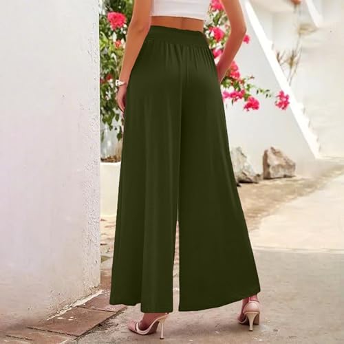 Palazzo Pants for Women Casual Summer Beach Pants Loose Wide Leg Trousers with Pockets Elastic High Waisted Slacks4