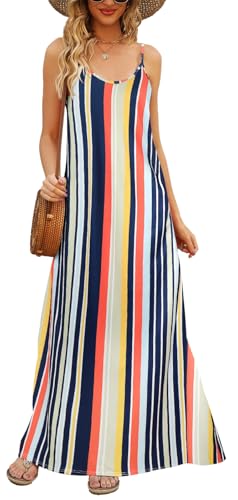 Supnier Spaghetti Strap Maxi Dresses for Women Vacation Outfit Flowy Tropical Long Dress with Pockets(L,Multicolor Stripes)