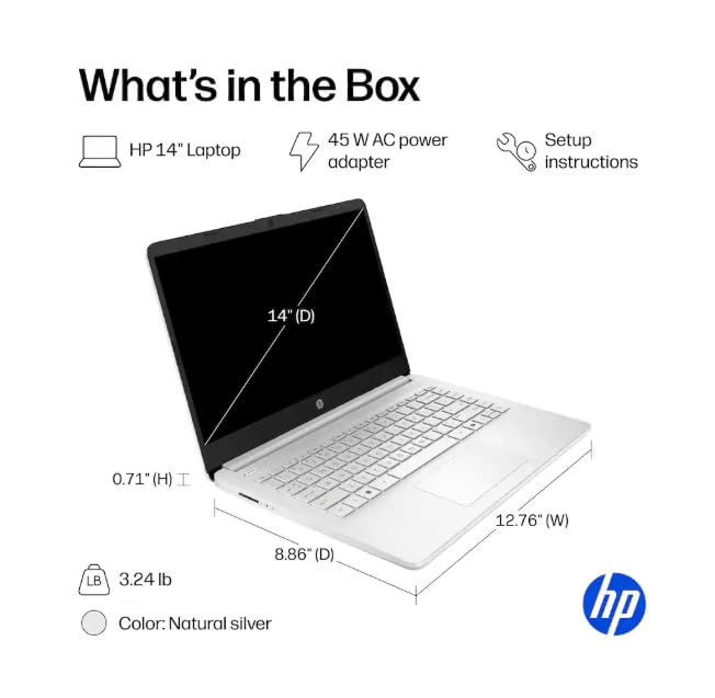 Image of HP 14 inch Business Laptop Computer with 1-Year Office 365, Intel Quad-Core N150 Processor, 4GB RAM 640GB Storage (128GB UFS+512GB SD Card), Windows 11 Home, PLUSERA Earphones, Natural Silver