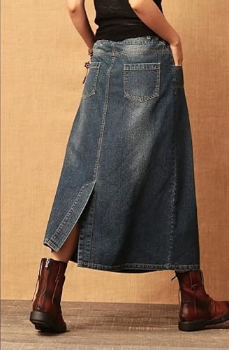 chouyatou Women's Y2k Casual Elastic High Waist Split Jean Skirt Distressed A Line Long Midi Denim Skirt4