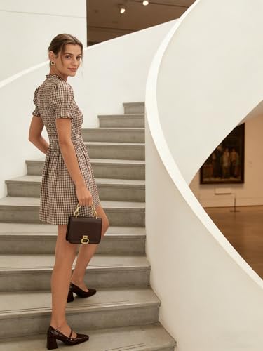 Image of RIHOAS Plaid Gingham Midi Dress Short Sleeve Smocked Dresses for Women | Cotton,Ruffle Puff Sleeves,Vintage Brown,Spring Summer Casual Daily,Picnic,Travel,Vacation,Christmas Festive Occasions