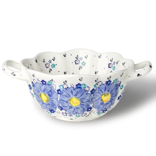 silesia Handmade Salad Bowl with Handles, 45 oz Hand-Painted Serving Bowl, Large Ceramic Crocks for Soup, Pasta, Stew, Microwave & Dishwasher Safe, Kitchen Decor Gift (Forget Me Not)