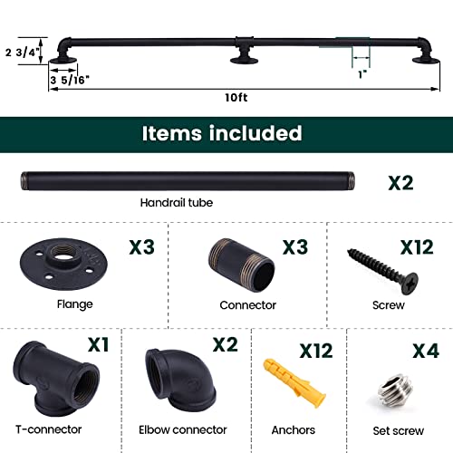 Muzata 10Ft Staircase Handrail Black Pipe Handrail Staircase Steps Hand Rail For Indoor Stairs 440Lbs Load Capacity Wall Mount Support Galvanized Steel Industrial Style, Hw20 Bbg #TOP1